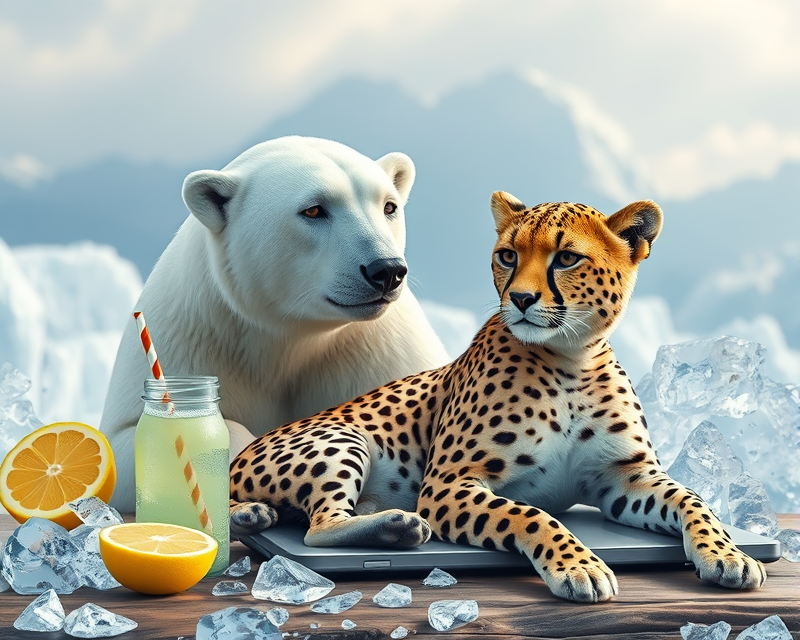 notebook, polar bear, cheetah, ice, lemonade